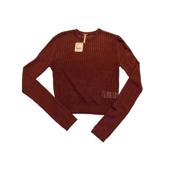 Free People H2O Sheer Knit Top Size Crewneck Pullover Long Sleeve Garnet Large - Picture 4 of 9